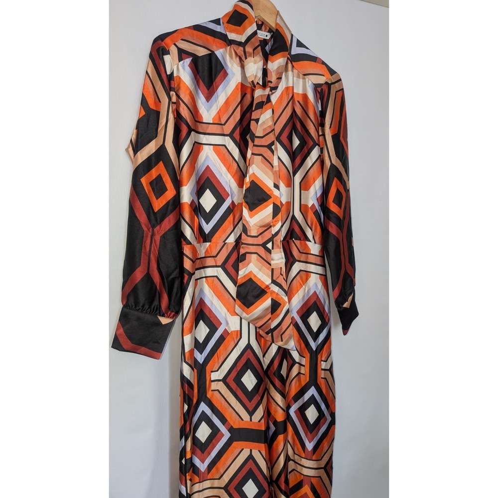 Zara Satin Geometric Jumpsuit Retro 70s Print Long Sleeve Wide Leg NWT Sz M - Picture 6 of 14